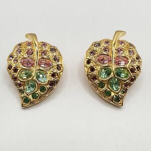 Kenneth Jay Lane Vintage Leaf Earrings KJL Designer Jewelry Clip On Colorful